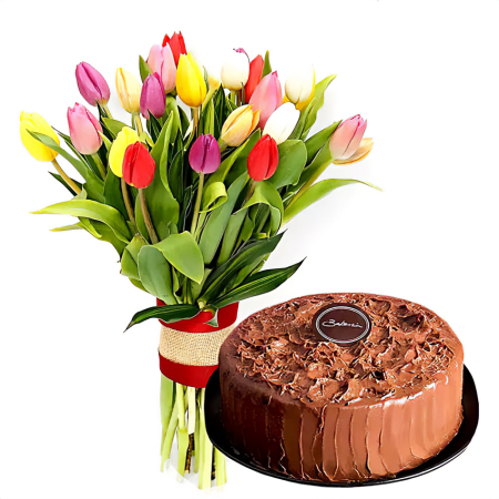 Eye-catching Tulip Bouquet with Delicious Chocolate Cake